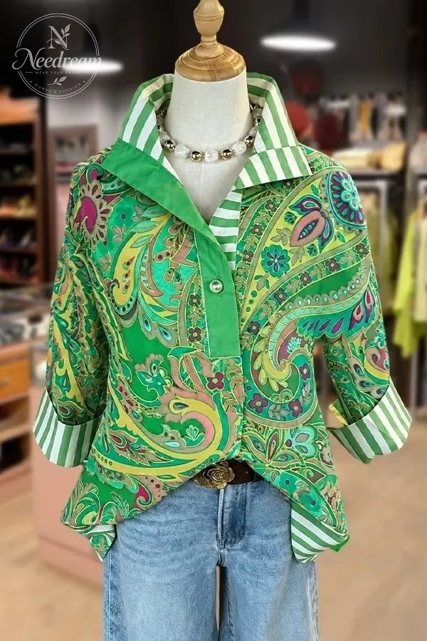 Retro Paisley Print Striped Collar Three Quater Sleeve Blouse