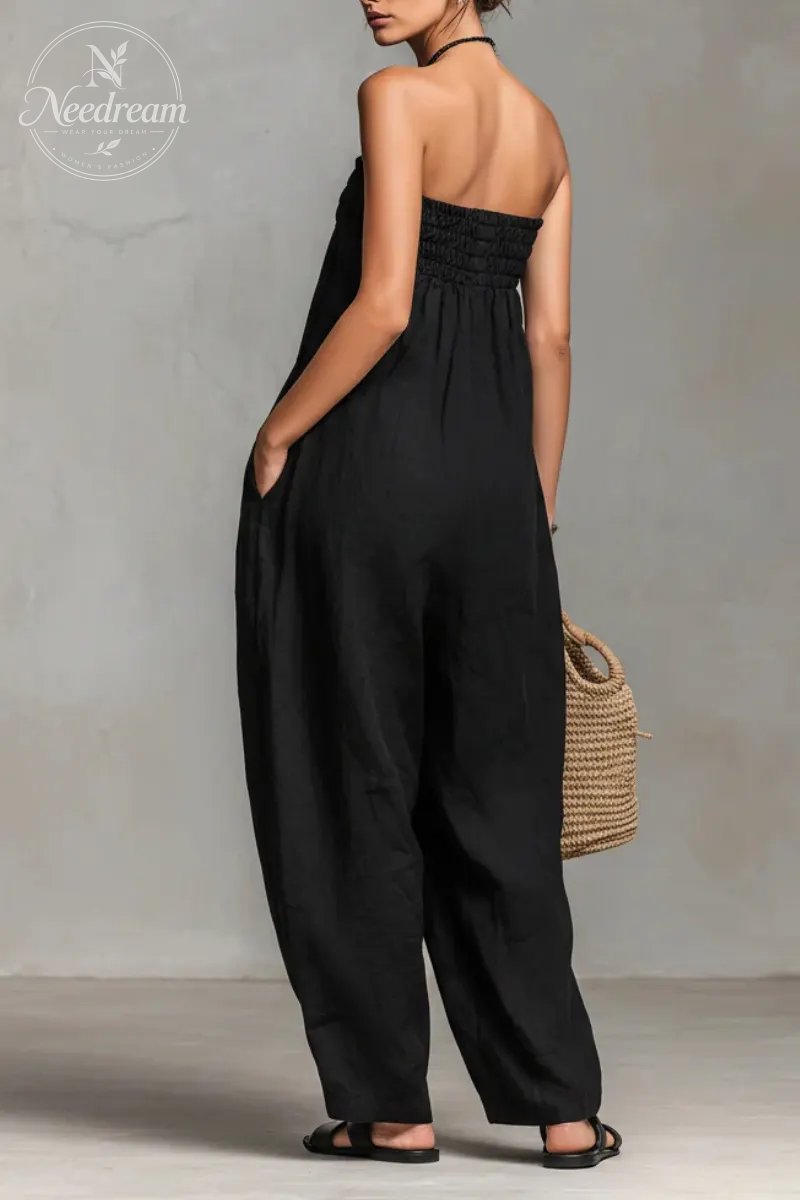 Women's Minimalist Loose-fitting Linen Blend Strapless Jumpsuit With Tie Closure