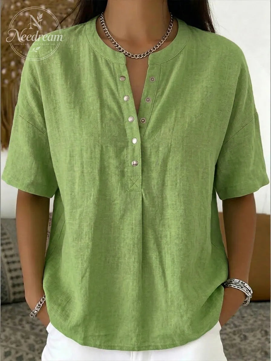 New Arrivals🔥 Women’s Casual Henley Collar Linen And Cotton Short-sleeve Shirt