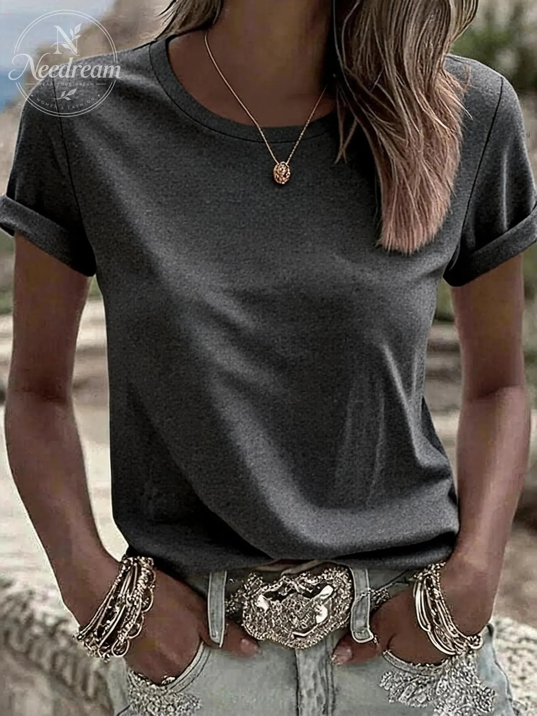 Women's Solid Color Casual Round Neck T-Shirt