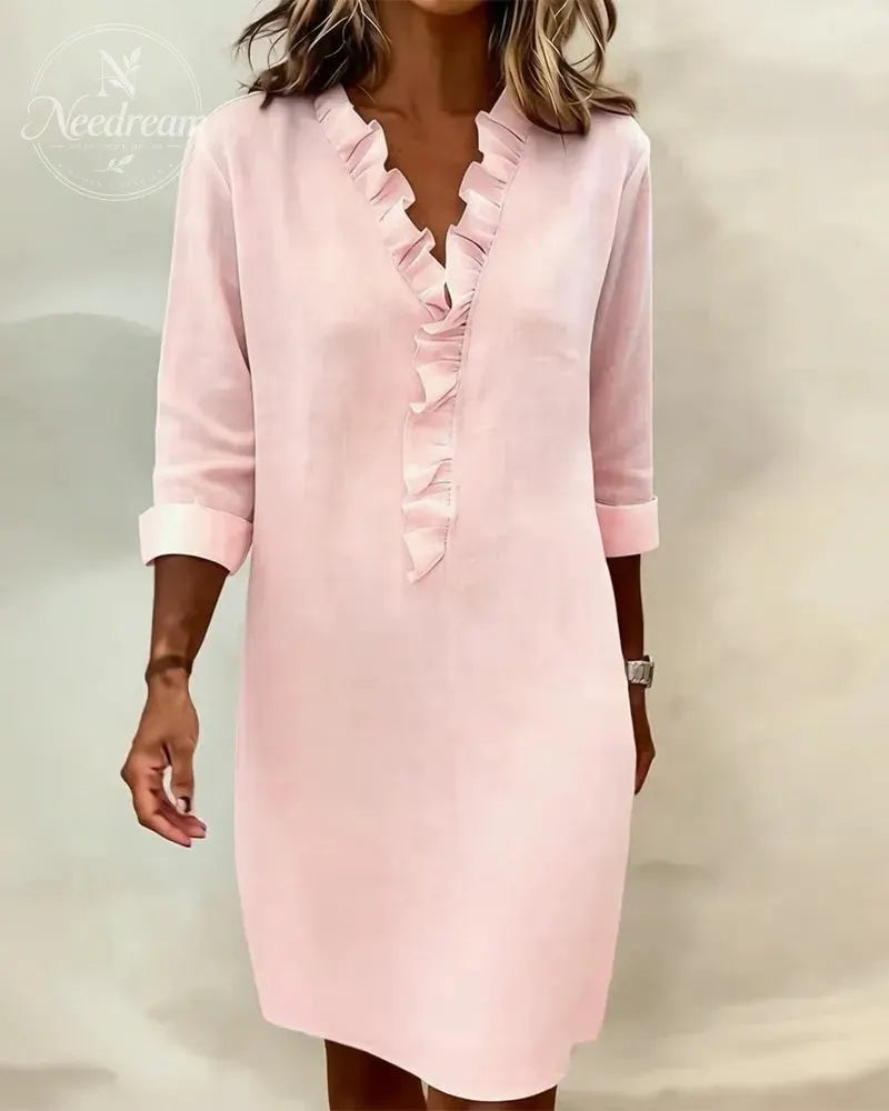 Ruffled V-Neck Solid Color Dress