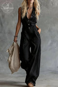 V-Neck Front-Button Sleeveless Jumpsuit