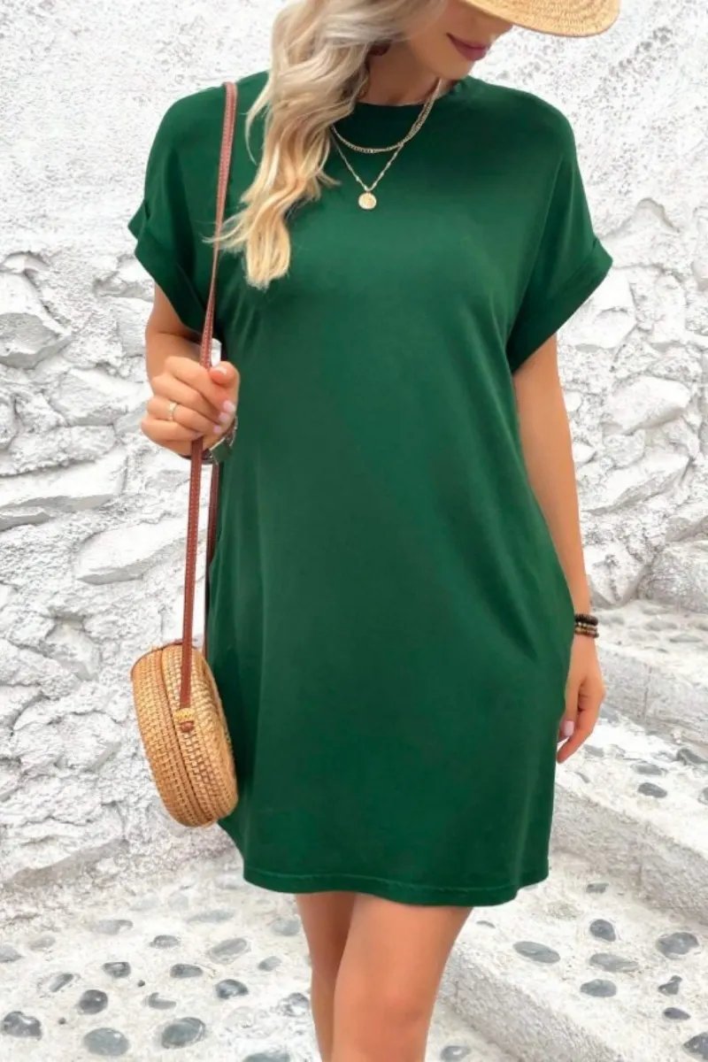 Casual Minimalist Round Neck Roll Up Sleeve Dress
