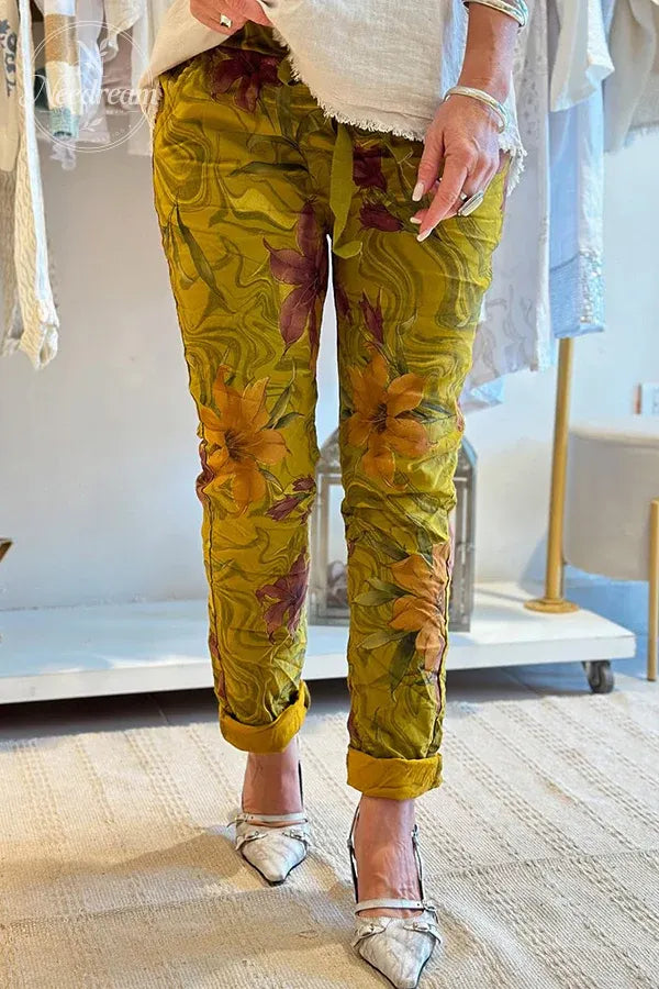 Women'S Floral Print Elastic Waist Casual Pocket Pants  (With Pockets)