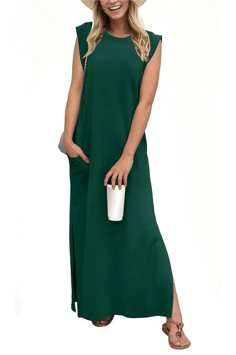 Women Summer Round Neck Casual Loose Split Wrinkle-Free Long Maxi Vacation Dress with Pockets