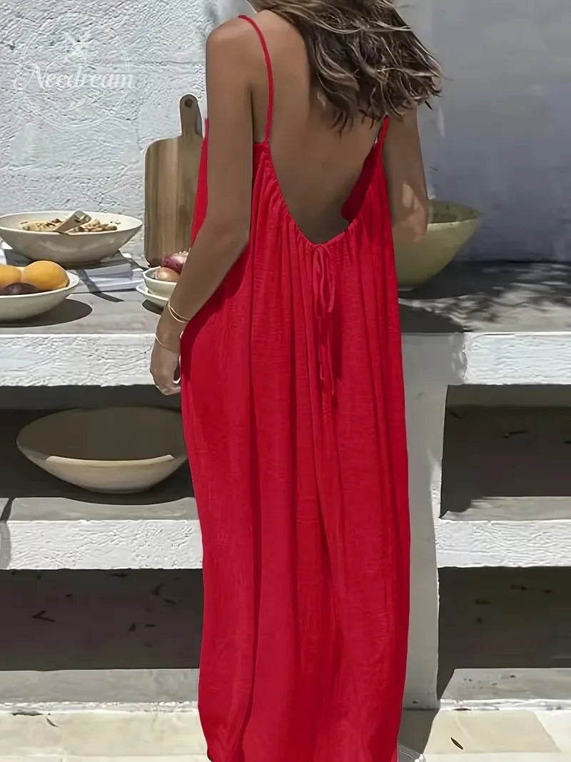 Women'S Solid-Color Camisole Loungewear, Elegant Sleeveless Maxi Dress