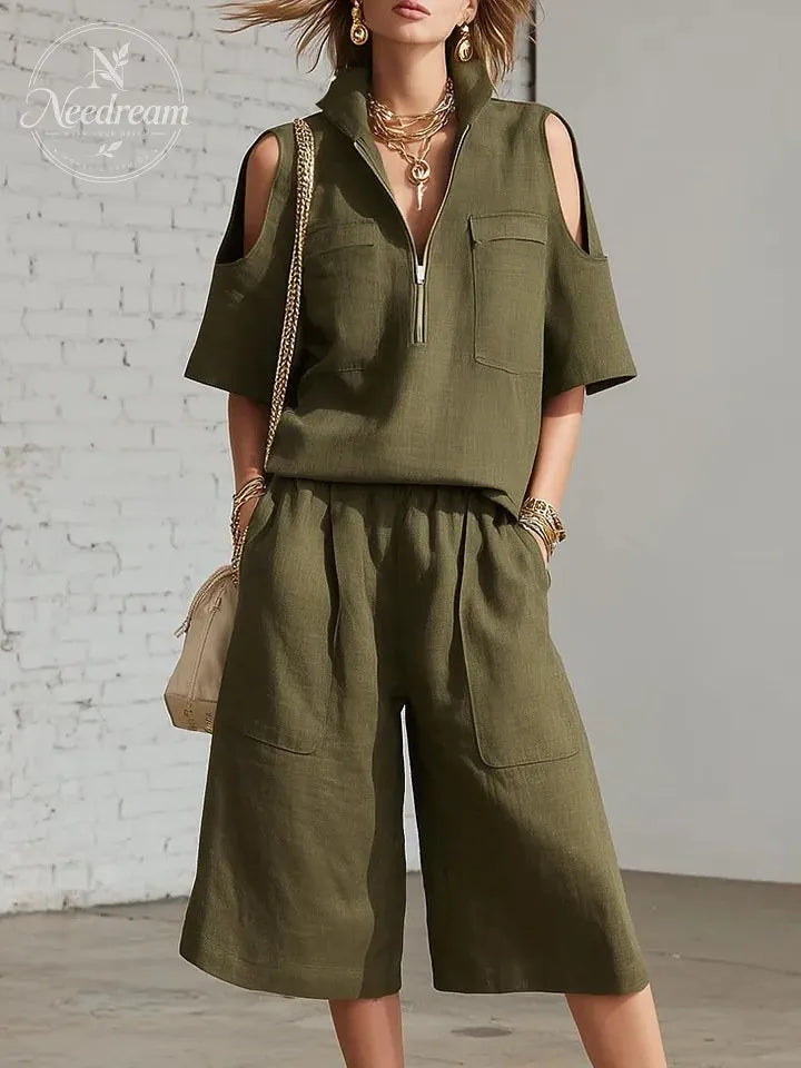 Stand-Up Collar Zipper Off-Shoulder Short-Sleeved Top And Cropped Wide-Leg Pants Two-Piece Set
