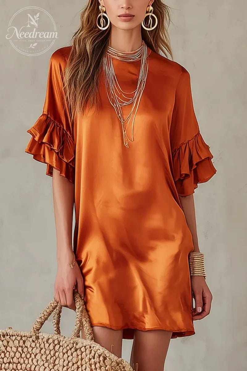 Elegant Rust Satin Ruffle-Sleeve Mini Dress
