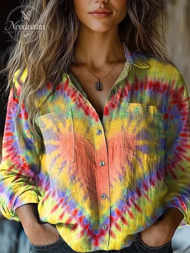 Women's Colorful Heart Tie Dye Print Casual Long Sleeve Comfortable Cotton Shirt