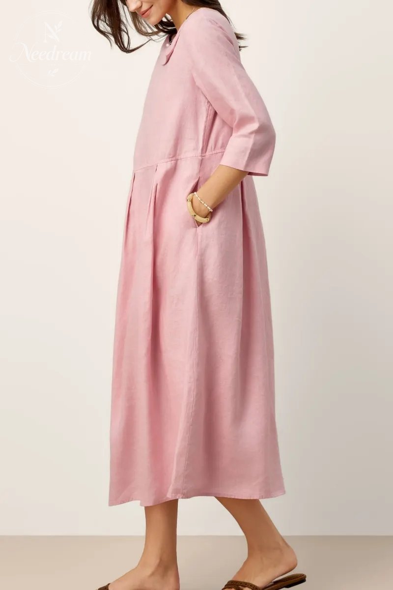 Linen Crescent Neck Decorative Button Waist Pleated Maxi Dress