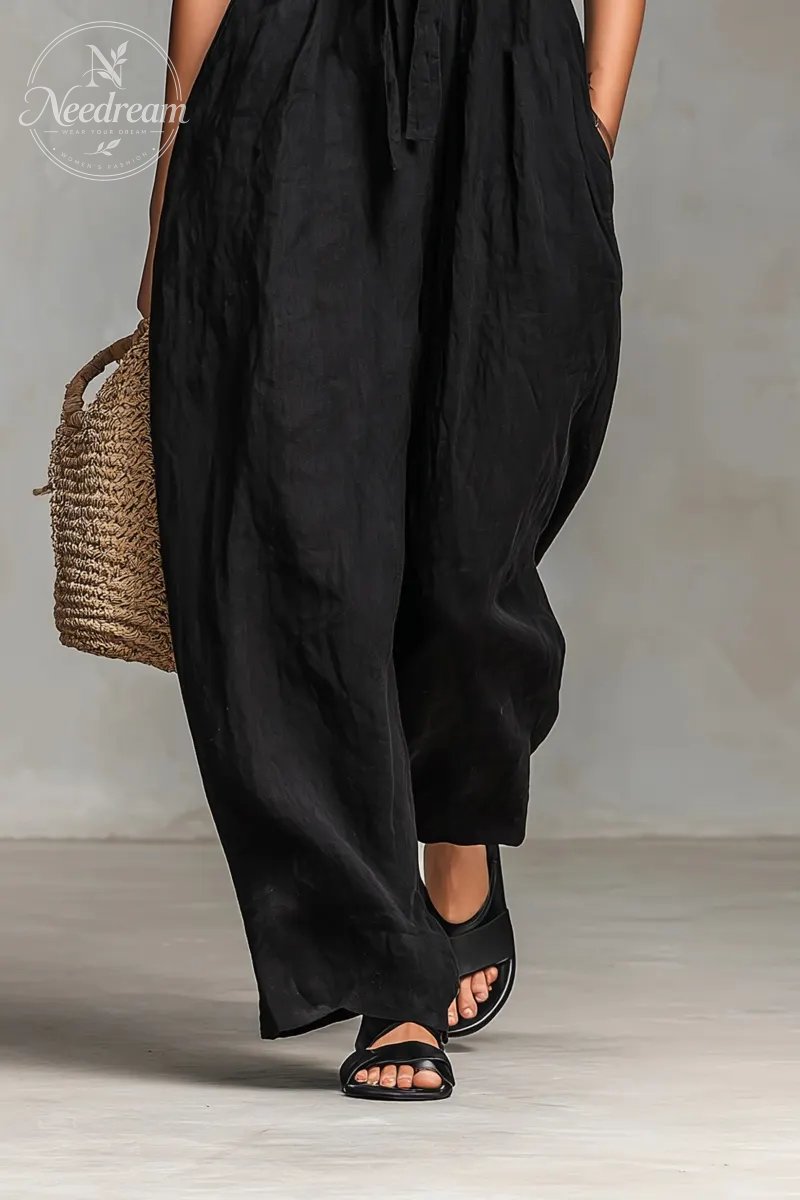 Women's Minimalist Loose-fitting Linen Blend Strapless Jumpsuit With Tie Closure