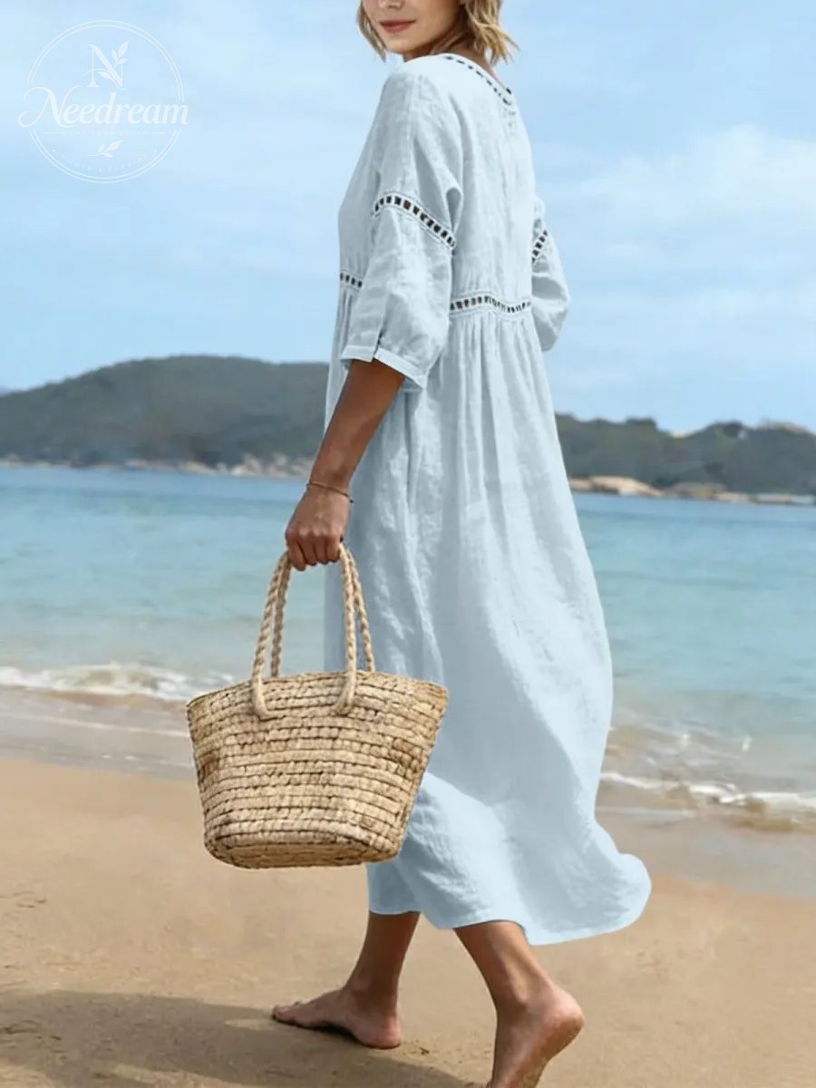 Women Cotton Maxi 3/4 Sleeve V Neck Pleated Lace Dress