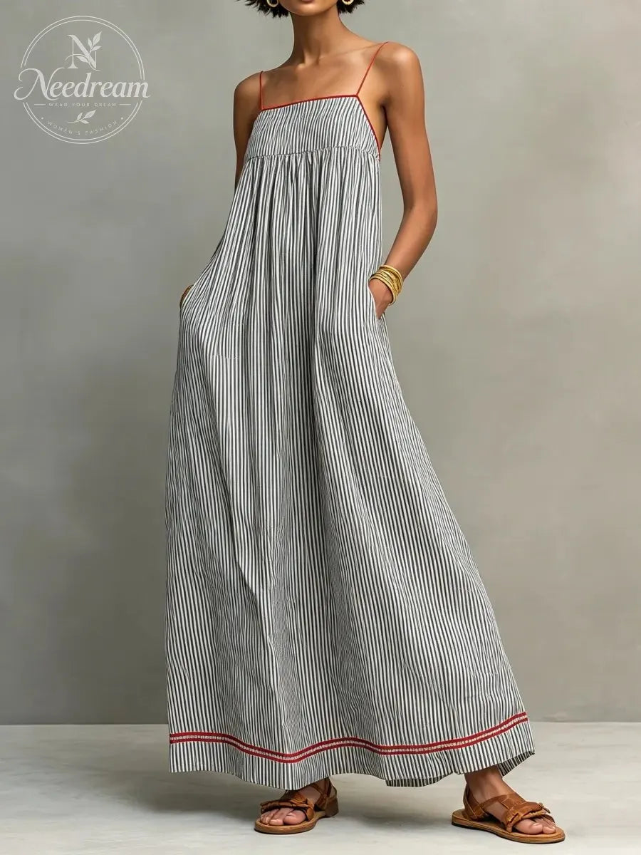 Women's Minimalist Striped Maxi Dress With Red Trim And Spaghetti Straps