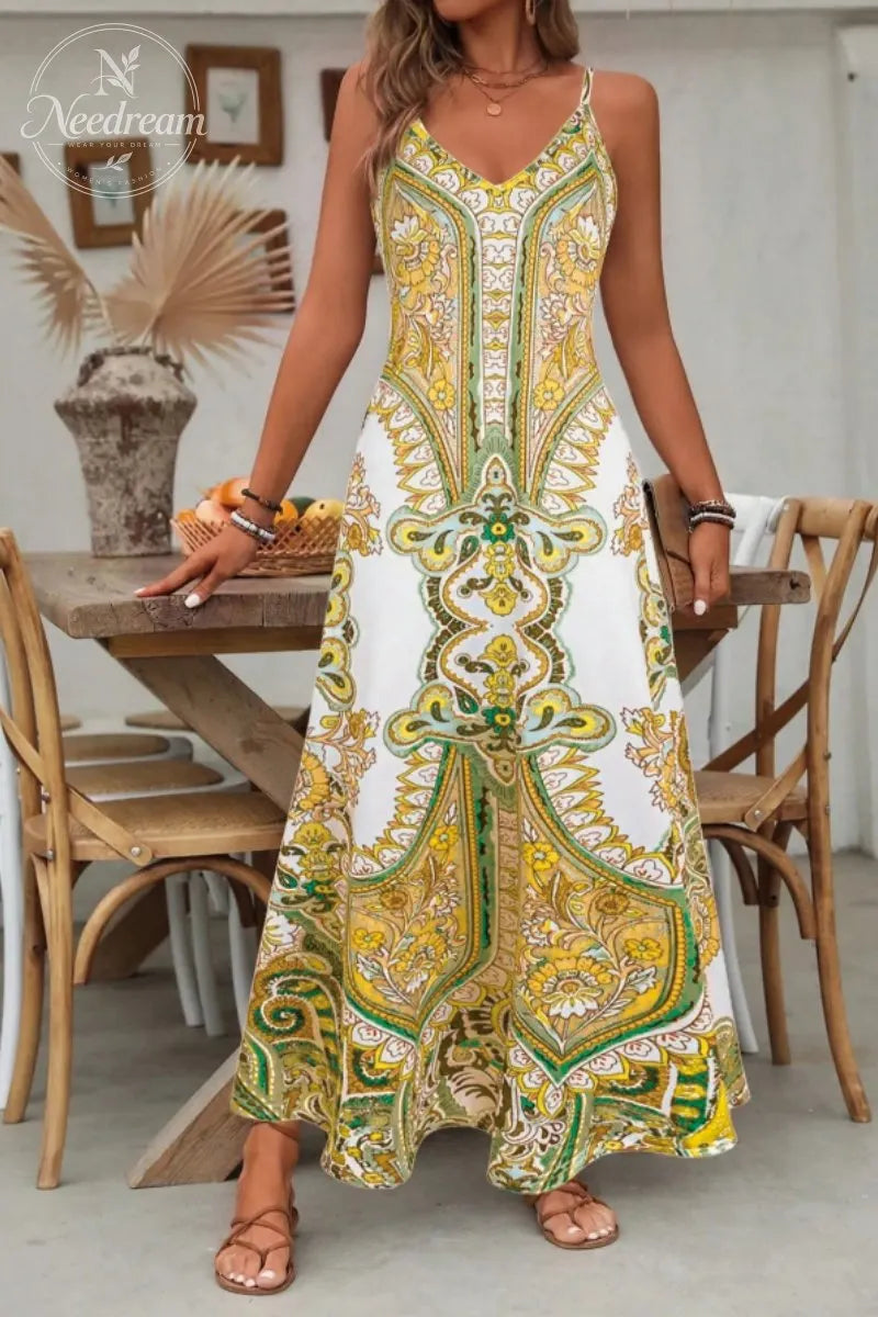 Women's Floral Print Dress, Boho Sleeveless Spaghetti Strap Maxi Dress