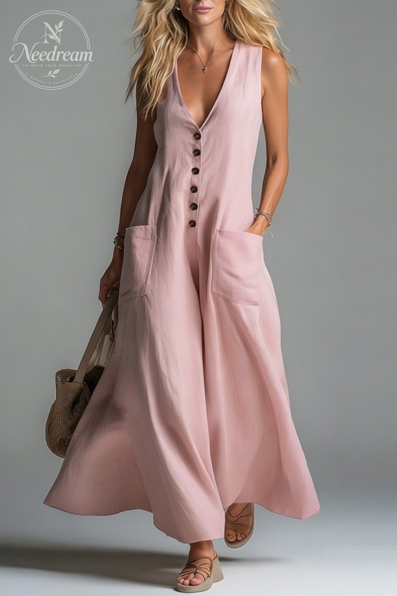 Pocket V-neck Solid Color Casual Dress