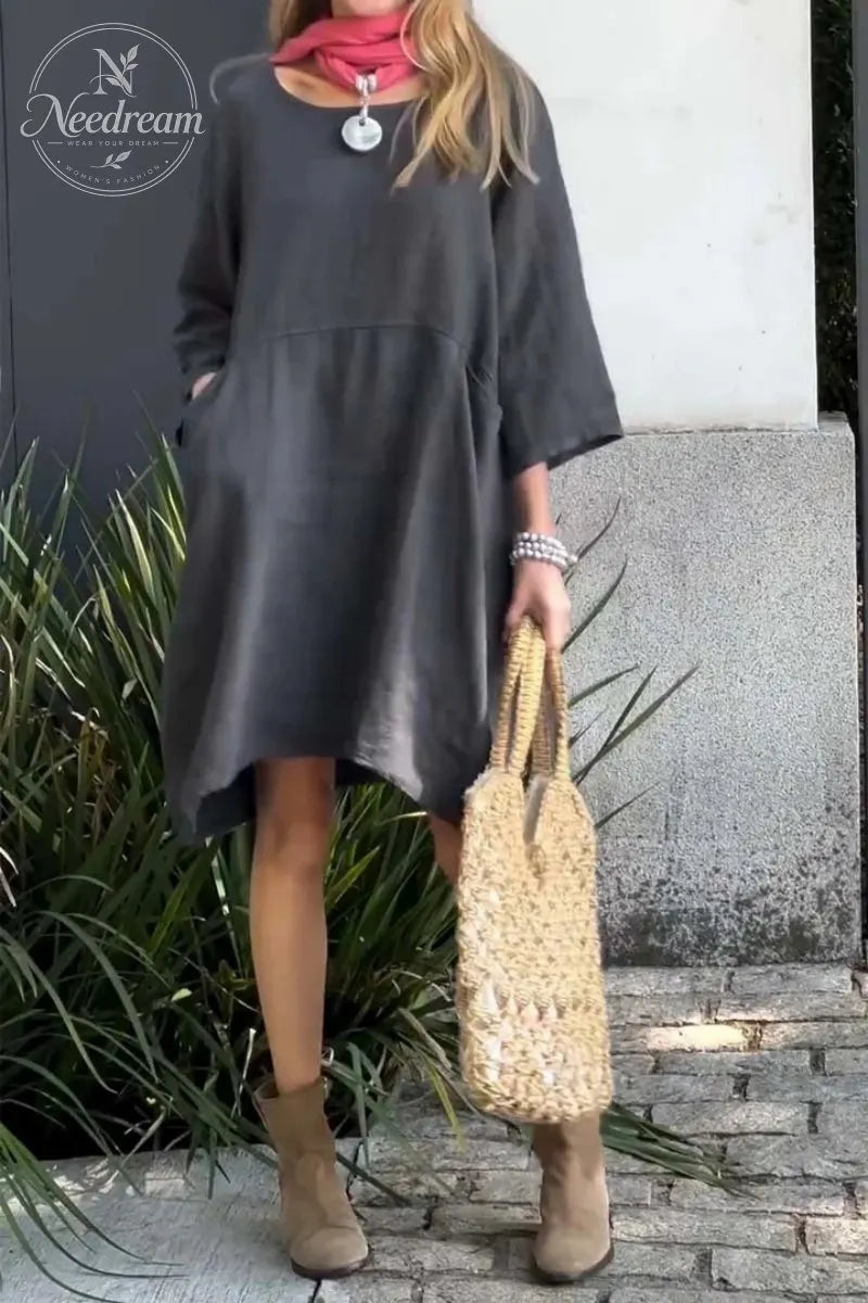 Solid Color Loose Casual Pocket Cotton Linen Dress