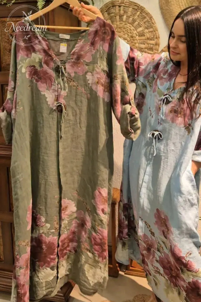 V-neck Long-sleeved Button-decorated Printed Casual Loose Dress