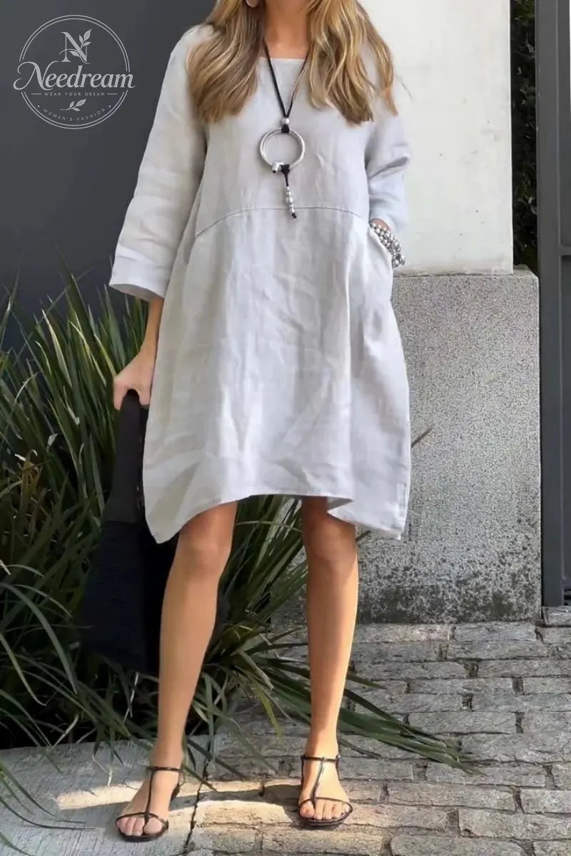 Solid Color Loose Casual Pocket Cotton Linen Dress