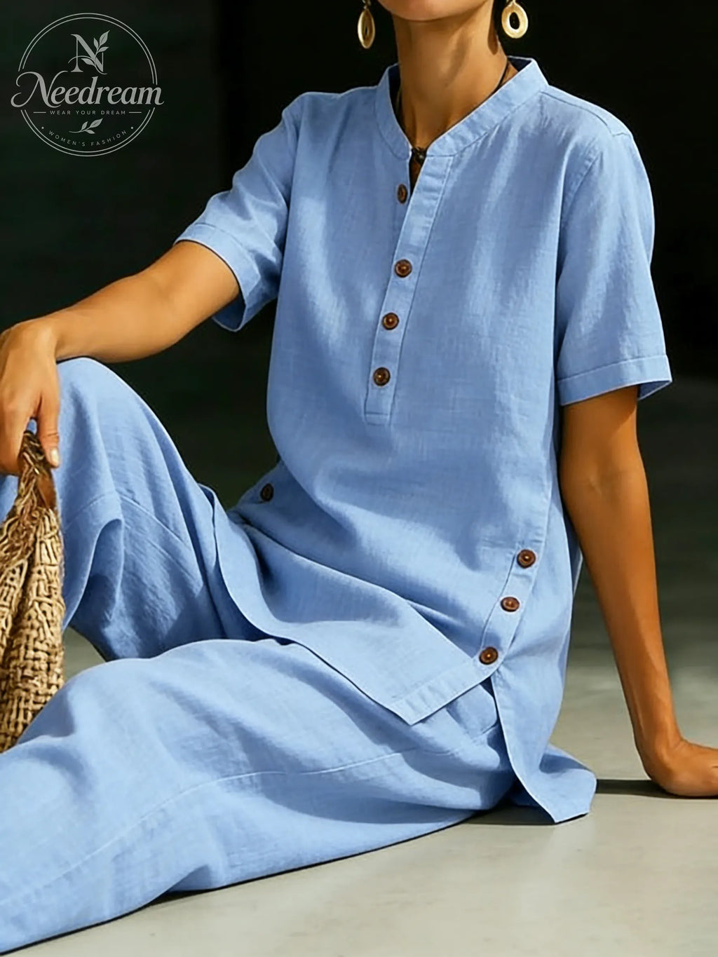 Cozy Casual Button Shirt And Wide-leg Pants Linen Two-piece Set