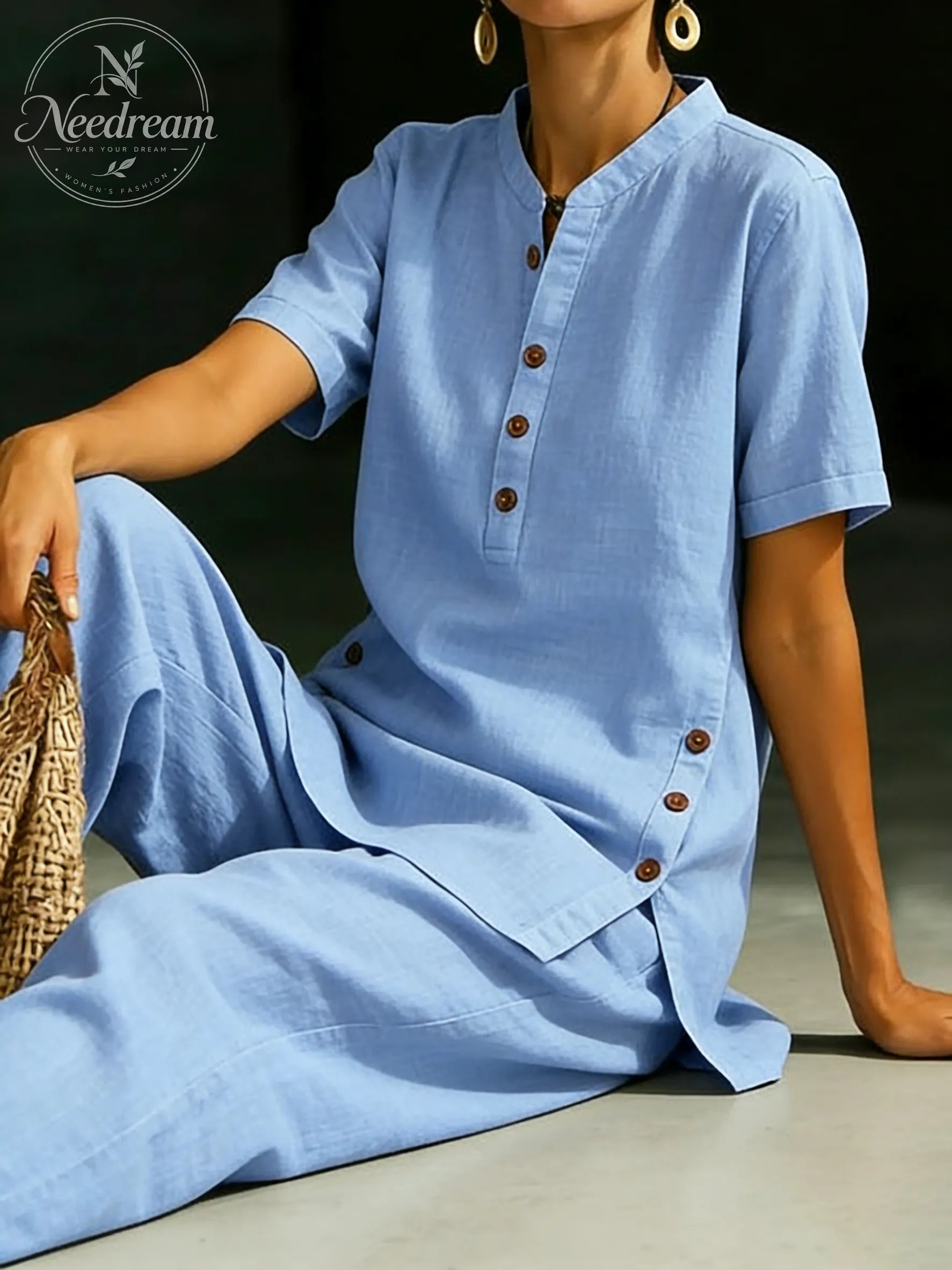 Cozy Casual Button Shirt And Wide-leg Pants Linen Two-piece Set