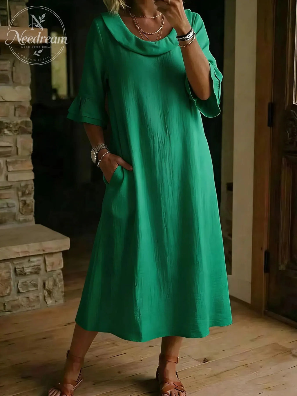 Cotton Linen Neck Ruffle Casual Dress