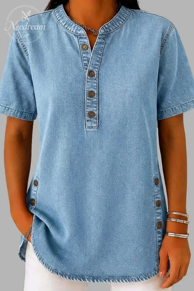 Women's Casual Denim Henley Neck Short Sleeve Button Blouse