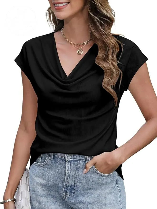 Women's Casual Solid-Color Short-Sleeve Top with Cowl Neck