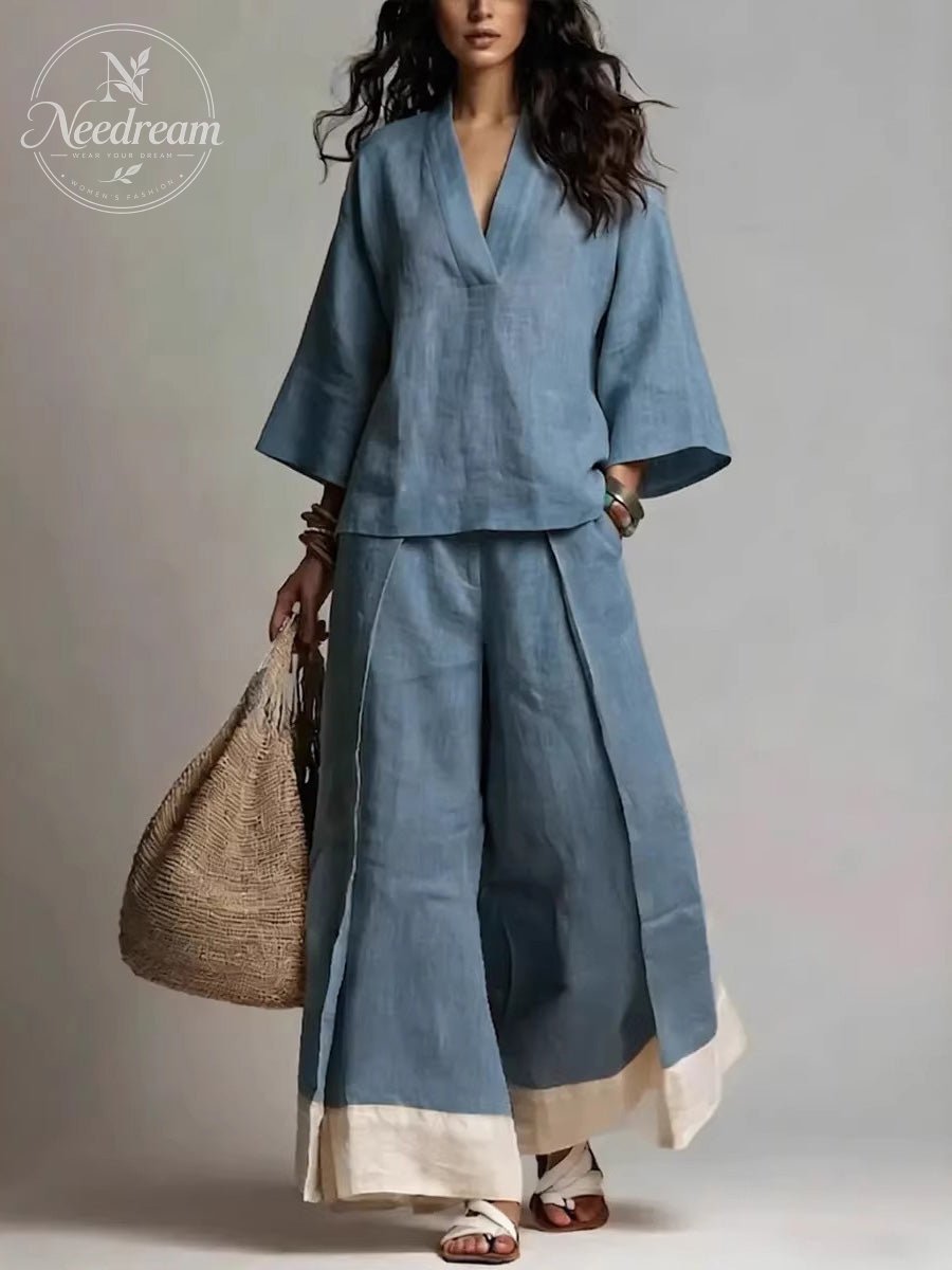 Loose Plus Size Contrast Color Pleated Pockets V-Neck Two Pieces Set