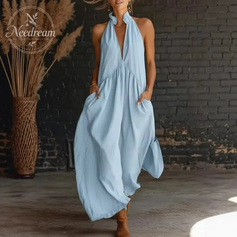 2026 Minimalist Halter Neck Maxi Dress | Casual Loose Fit Summer Dress with Pockets for Women