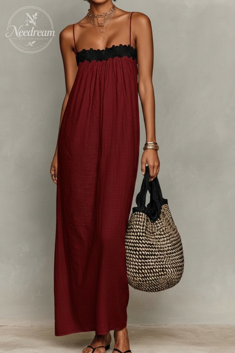 Women's Minimalist Linen-Blend Lace-Paneled Strapless With Spaghetti Straps Maxi Dress