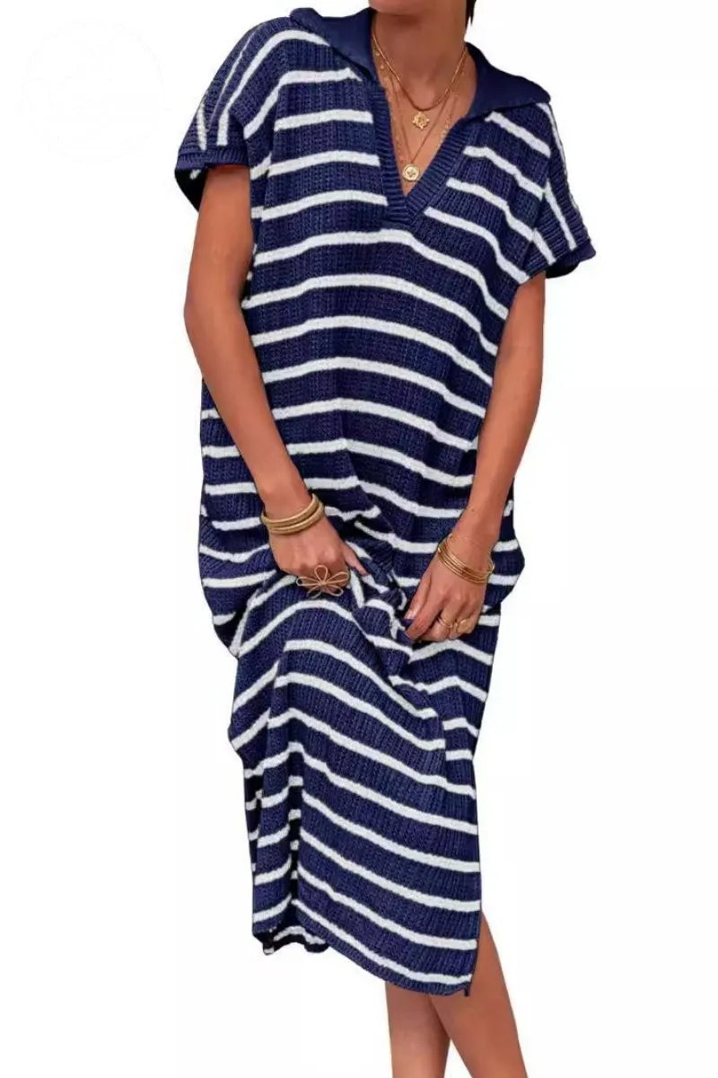 Womens Striped Summer Dresses Short Sleeve V Neck Knit Collared Sexy Slit Loose Maxi Sweater Dress