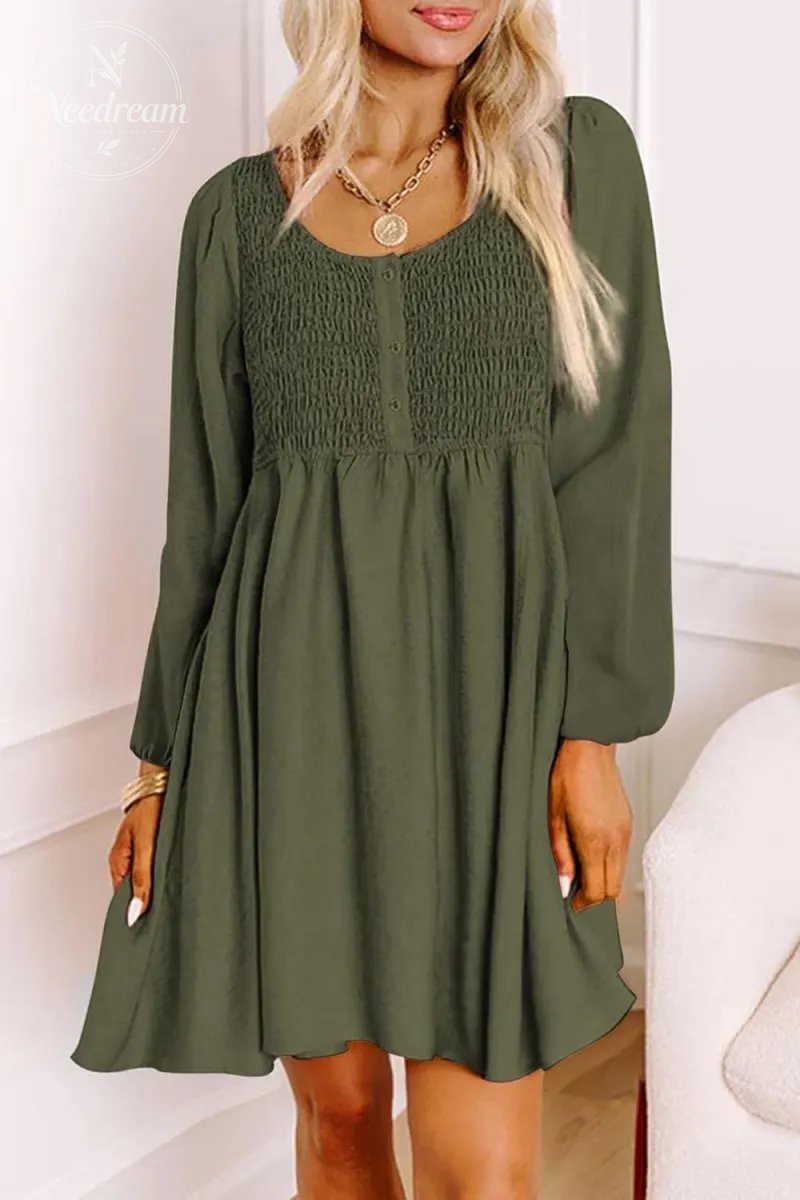 Smocked Crewneck Button Up Long Sleeve Empire Waist A-Line Mini Dress