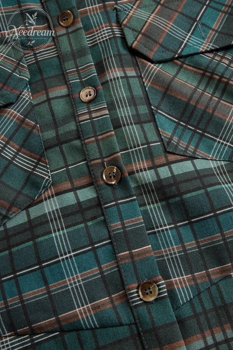 Women's Plaid Lapel Single-Breasted Shirt Maxi Dress