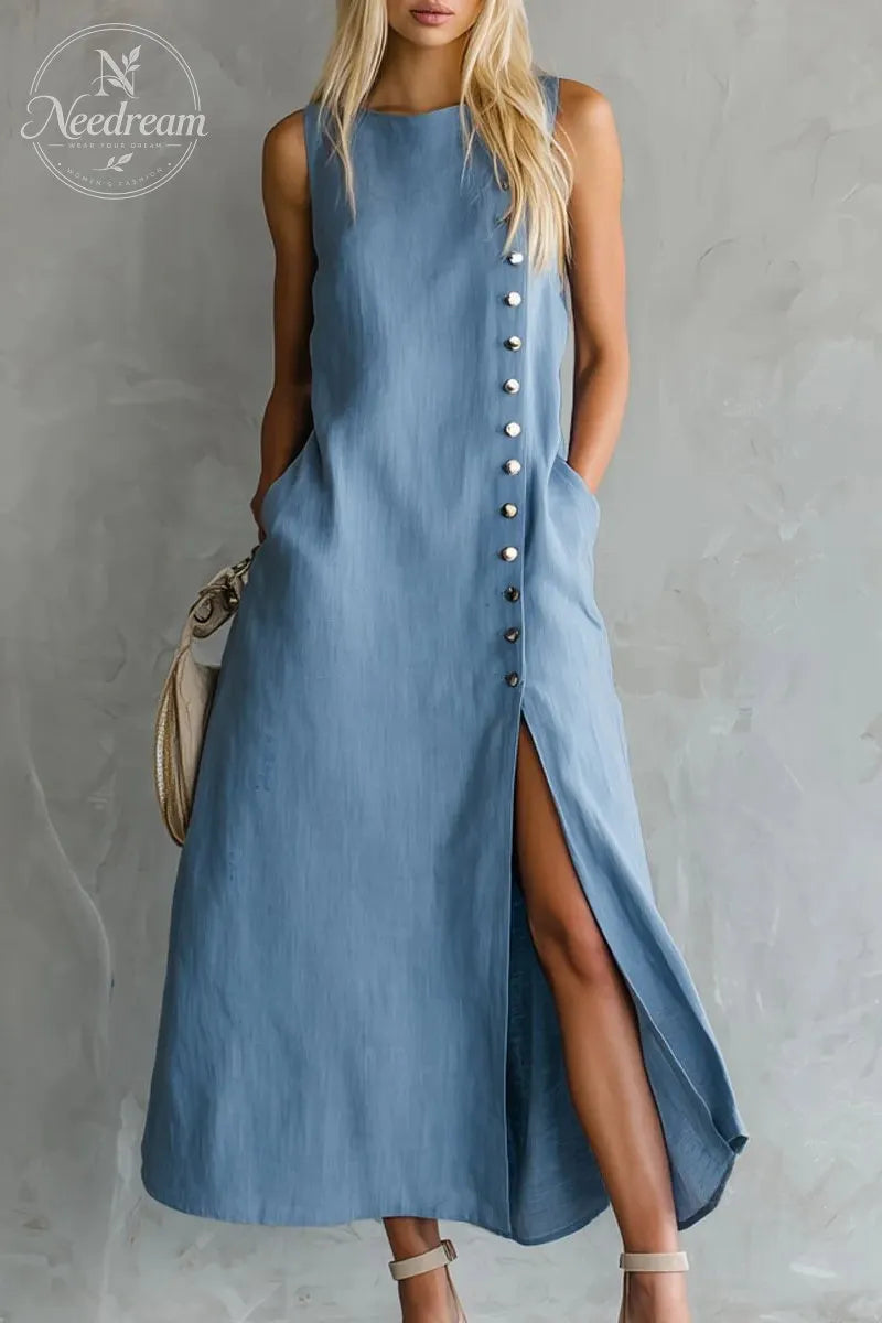 Round Neck Side Slit Sleeveless Cotton Midi Dress
