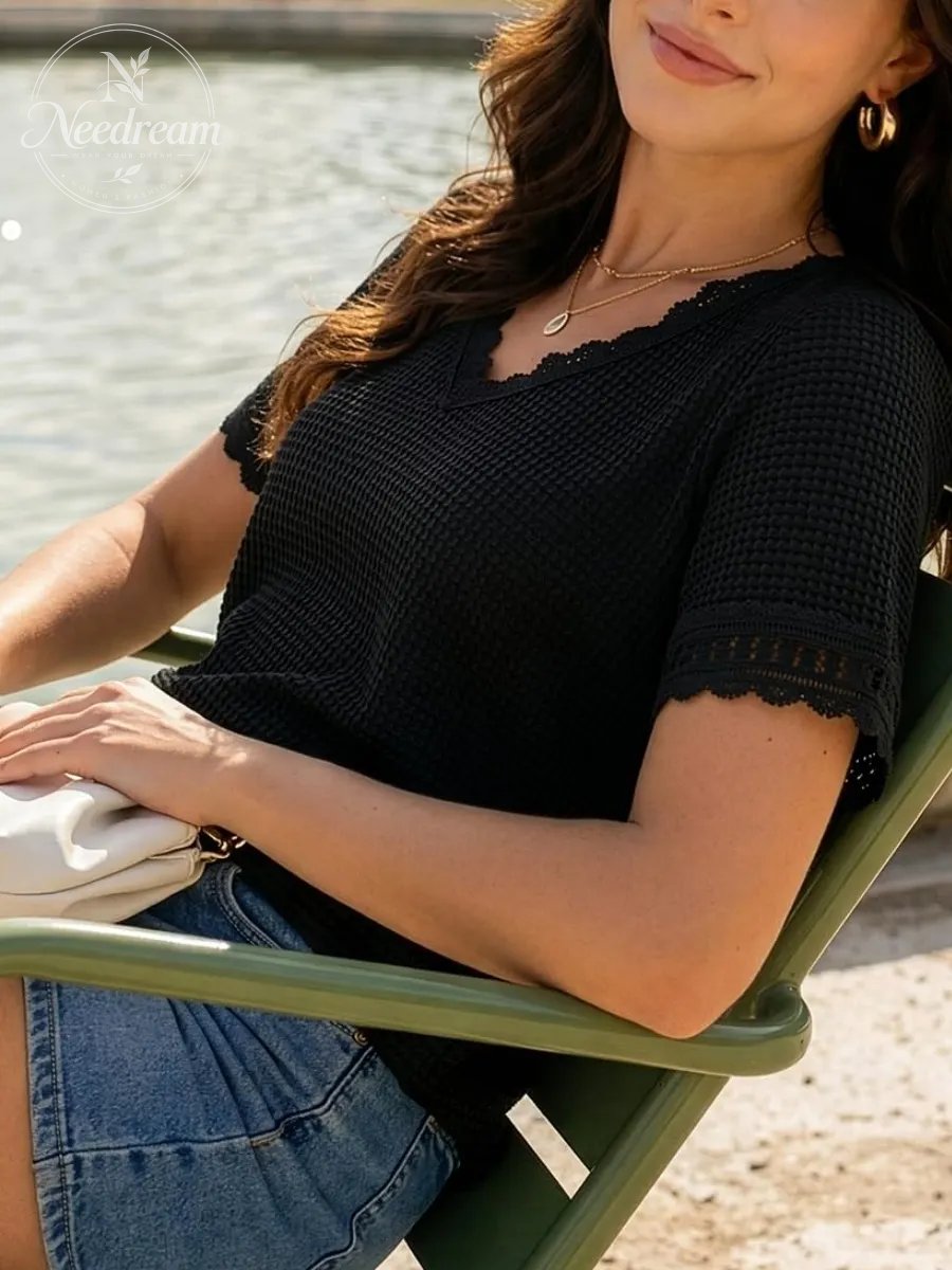 Women'S Casual V-Neck Short-Sleeved Waffle Knit Lace Patchwork Top