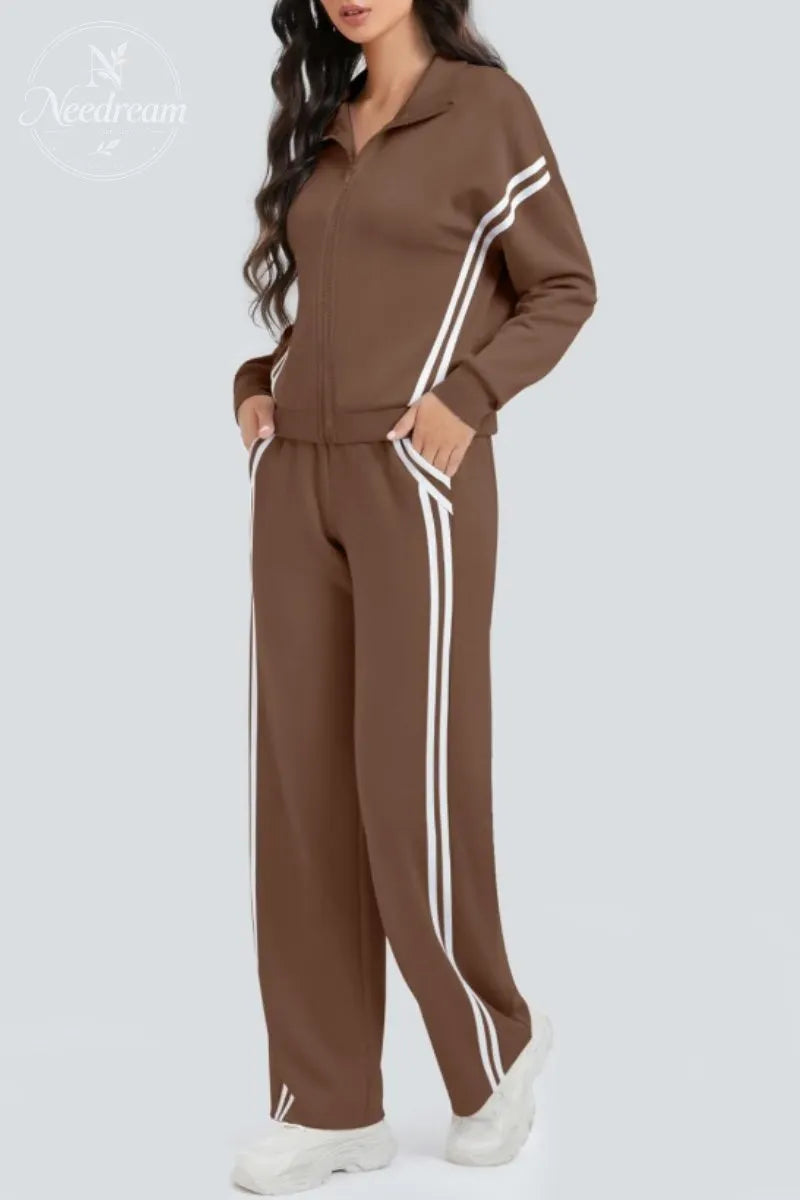 Zippered Tracksuit With Color-blocked Striped Wide-leg Pants