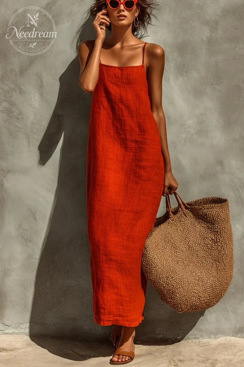 Women's Red Cotton Dress With Spaghetti Straps & Square Neck, Timeless Boho-Resort Style Dress