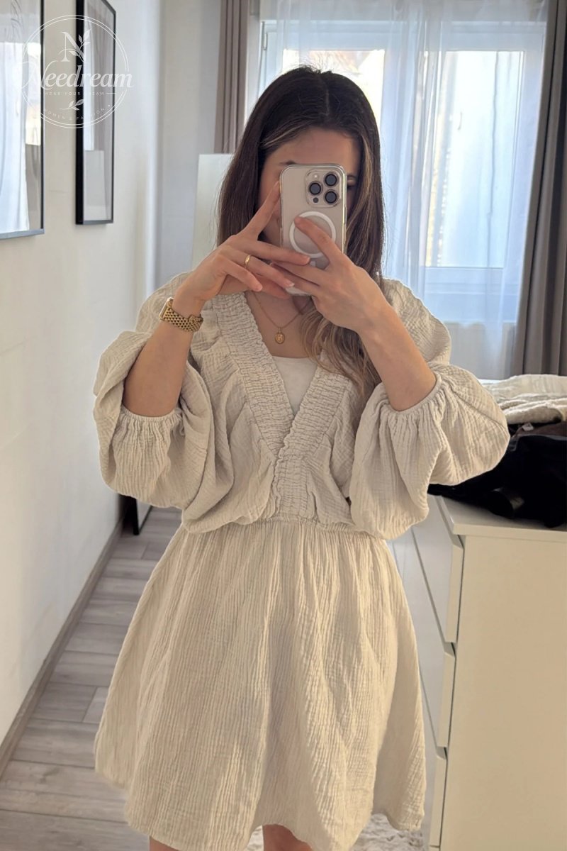 Cheesecloth Ruched Detail V-Neck Dress