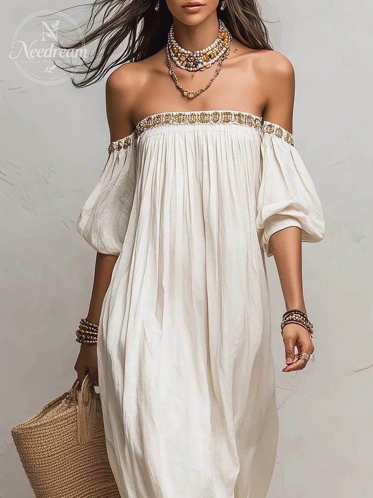 Bohemian Style Off-the-shoulder Pleated Ivory Long Dress