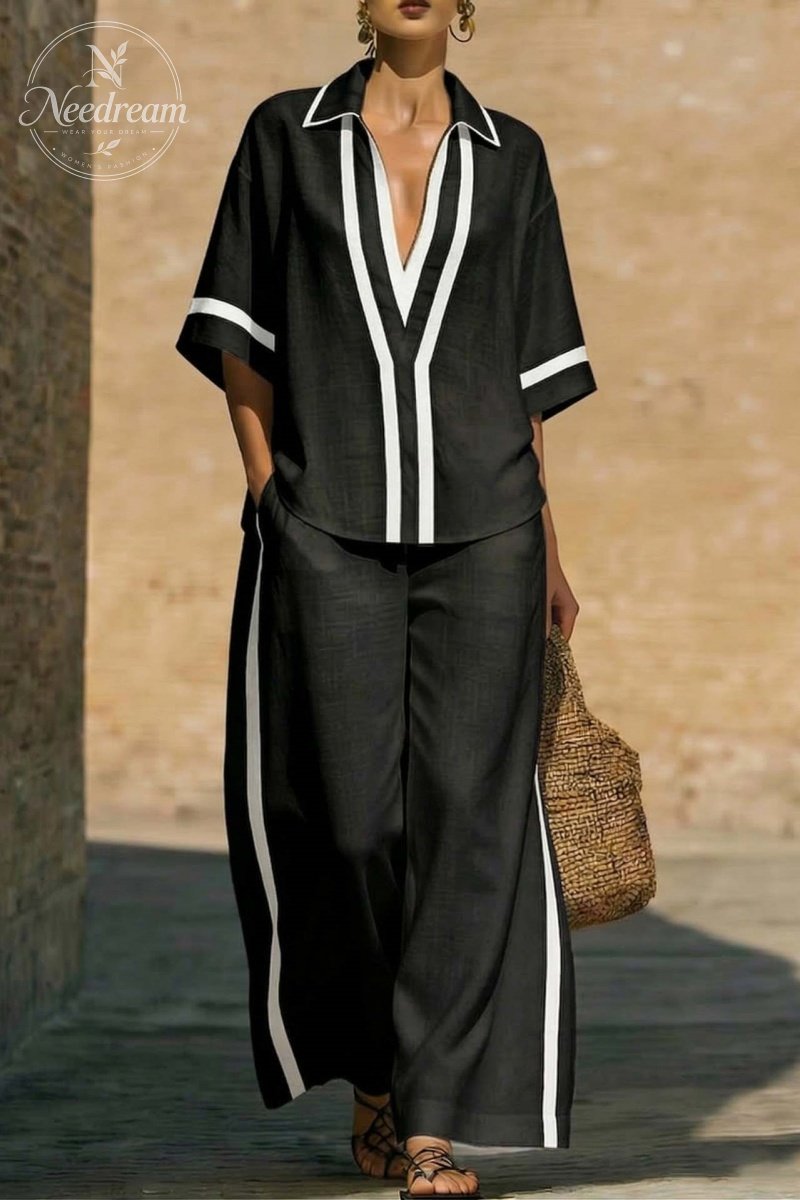 Casual Color-Blocked Short-Sleeved Shirt And Wide-Leg Pants Two-Piece Set