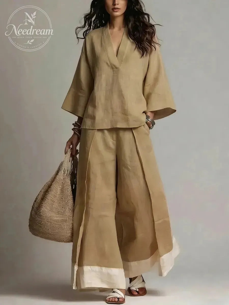 Loose Plus Size Contrast Color Pleated Pockets V-Neck Two Pieces Set