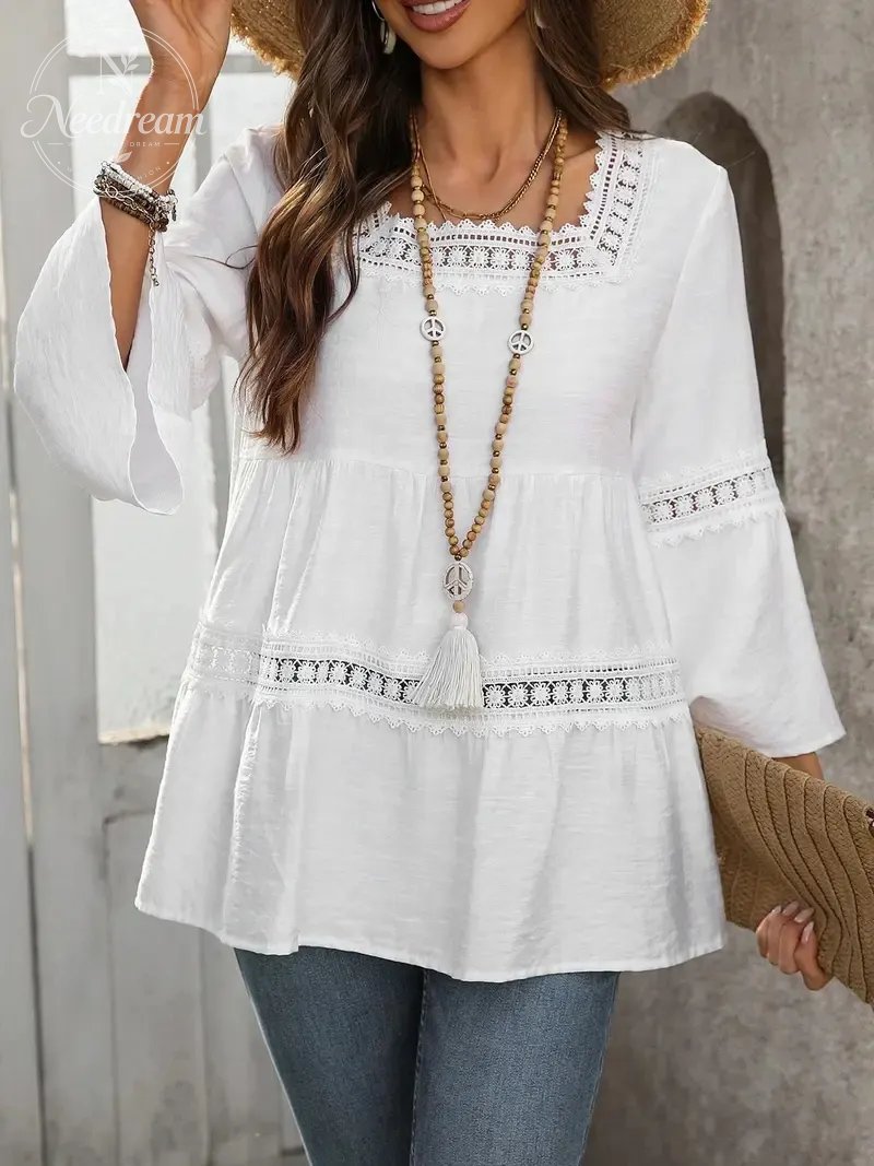 Women'S White Boho Blouse Crochet Lace Trim Bell Sleeve Tiered Flowy Top