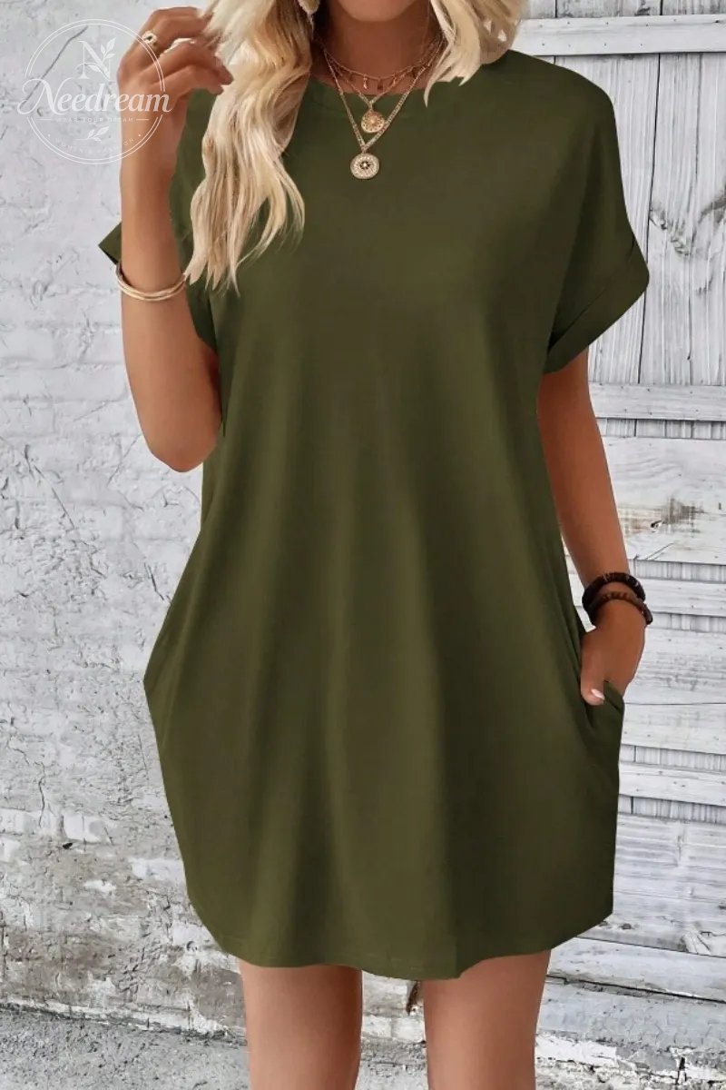 Casual Minimalist Round Neck Roll Up Sleeve Dress