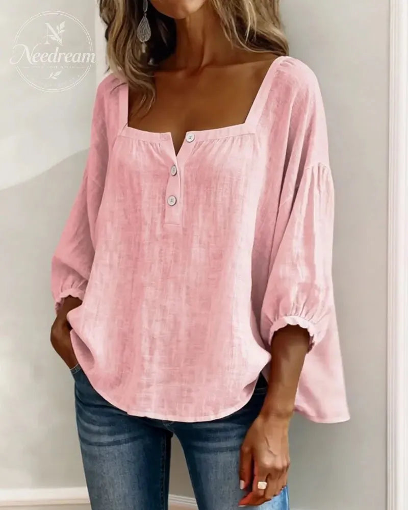 🌸Pink Square-Neck Half-Button Shirt
