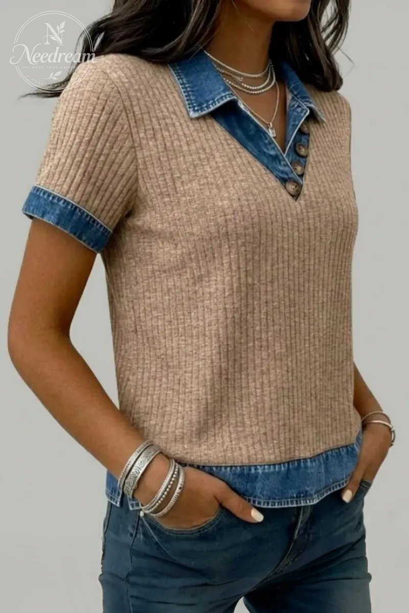 Women's Casual Ribbed Knit Patchwork Denim V Neck Long Sleeve Blouse