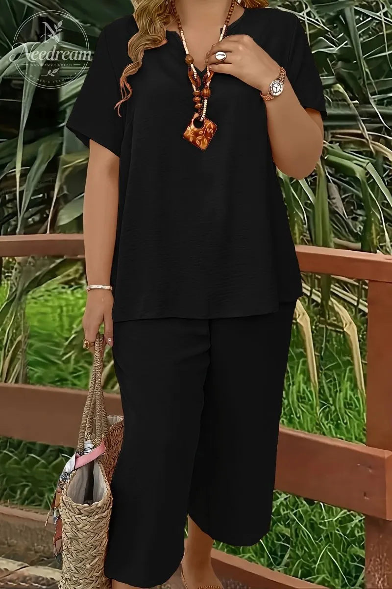 Elegant Plus Size Women's Solid Color Short Sleeve Fashion Top & Casual Wide Leg Pants Set