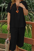 Elegant Plus Size Women's Solid Color Short Sleeve Fashion Top & Casual Wide Leg Pants Set