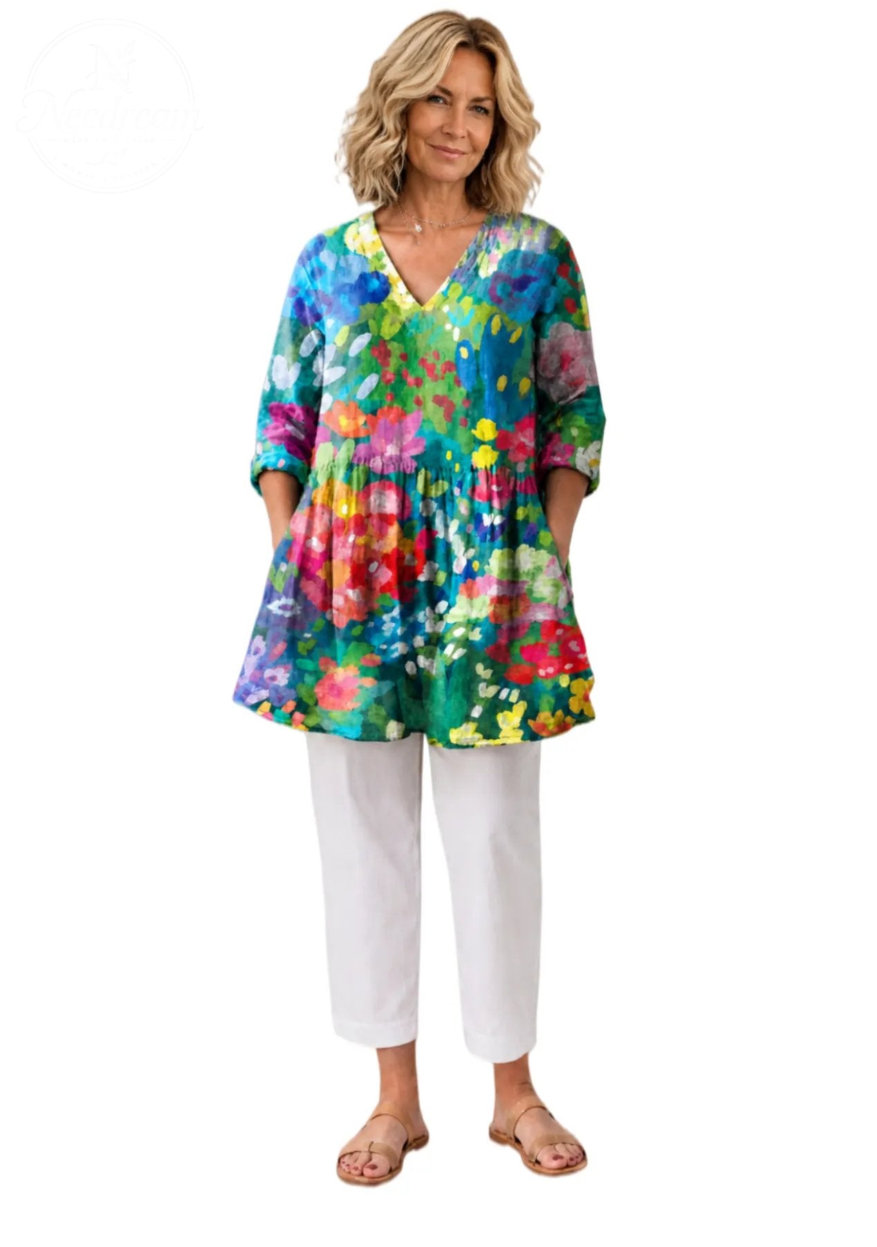 Women'S V-Neck Long-Sleeve Long Shirt