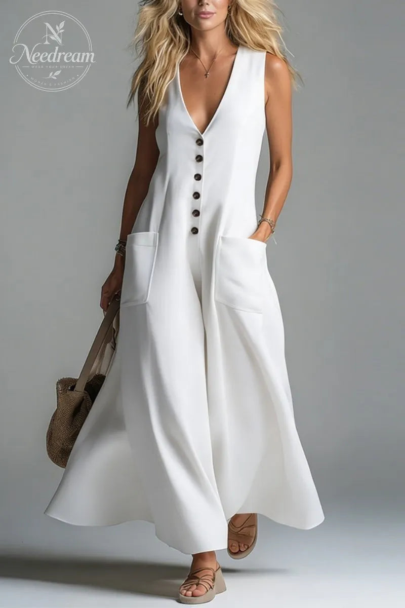 Pocket V-neck Solid Color Casual Dress