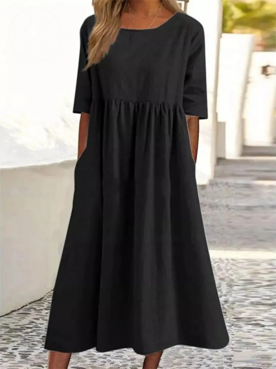 Women's Summer New Cotton and Linen Casual Short Sleeve Pocket Fold Loose Round Neck Dress